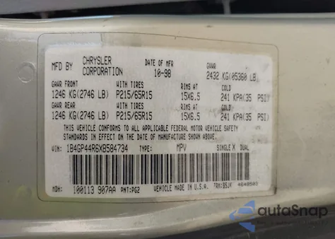 1999 Dodge Grand Caravan Se из США, поврежденный, VIN 1B4GP44R6XB584734